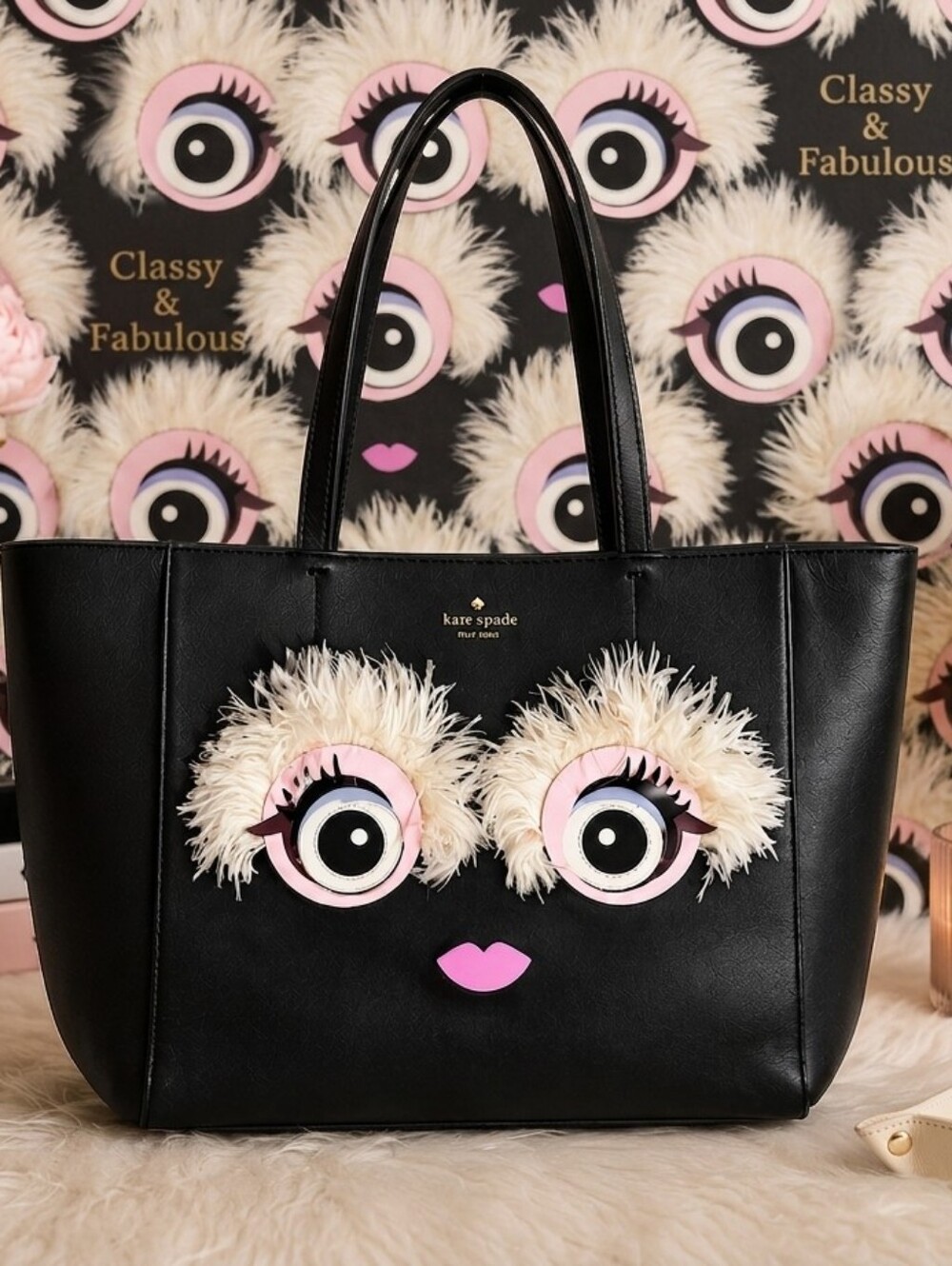 kate spade Black Tote with Pink Eye Appliqués and Cream Fur Trim